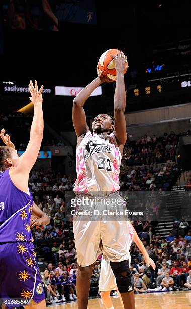 Sophia Young of the San Antonio Silver Stars shoots against the Los Angeles Sparks on September 5, 2008 at the AT&T Center in San Antonio, Texas....