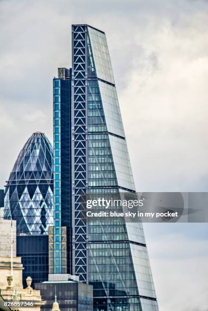 the leadenhall building, "the cheesegrater" and the  "the gherkin" city of london, england. - leadenhall building stock pictures, royalty-free photos & images