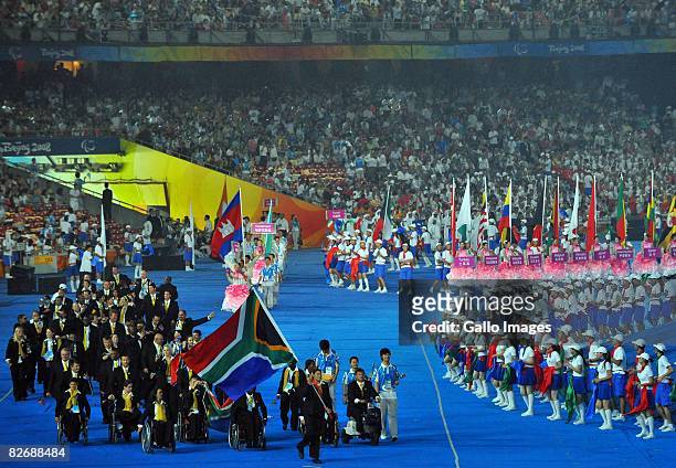 Natalie du Toit leads out the South African participants during the 2008 Beijing Paralympic Games Opening Ceremony held September 6, 2008 in Beijing,...