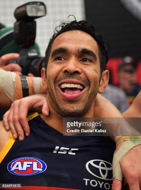 Eddie Betts of the Crows sings the club song after the round 20 AFL match between the Adelaide Crows and the Port Adelaide Power at Adelaide Oval on...