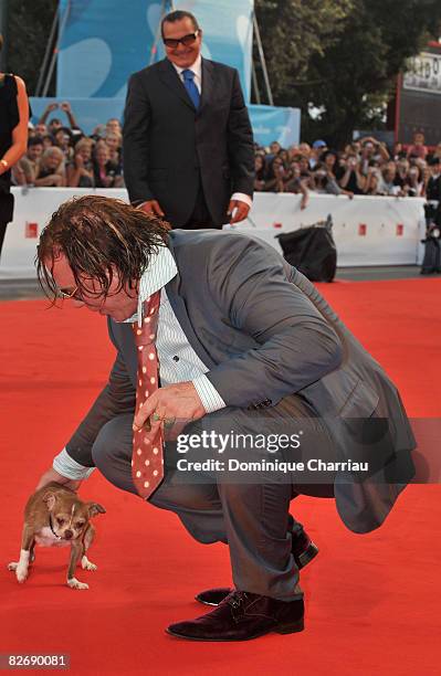 Actor Mickey Rourke and dog Loki attend the 65th Venice Film Festival Closing Ceremony at the at the Sala Grande on September 6, 2008 in Venice,...