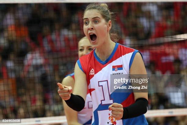 Bianka Busa and Ana Antonijevic of Serbia celebrate a point during the match between China and Serbia during 2017 Nanjing FIVB World Grand Prix...