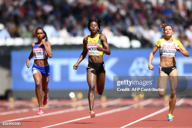 Cuba's Roxana Gómez, Jamaica's Shericka Jackson and Germany's Ruth Sophia Spelmeyer compete in the heats of the women's 400m athletics event at the...