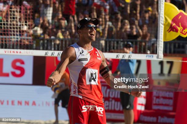 Alexander Horst of Austria celebrates during Day 9 of the FIVB Beach Volleyball World Championships 2017 on August 5, 2017 in Vienna, Austria.