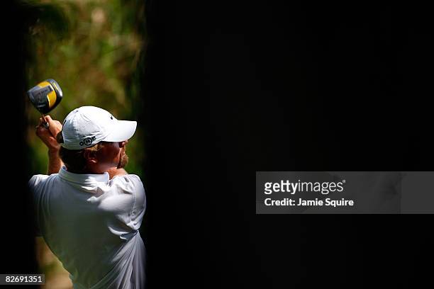Lucas Glover hits his tee shot on the 8th hole during the second round of the BMW Championship on September 6, 2008 at Bellerive Country Club in St....