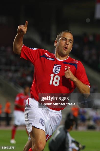 Joe Cole celebrates scoring England's second goal during the FIFA 2010 Group Six World Cup Qualifying match between Andorra and England at the...
