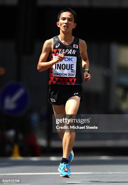 Hiroto Inoue of Japan competes in the Men's Marathon during day three of the 16th IAAF World Athletics Championships London 2017 at The London...