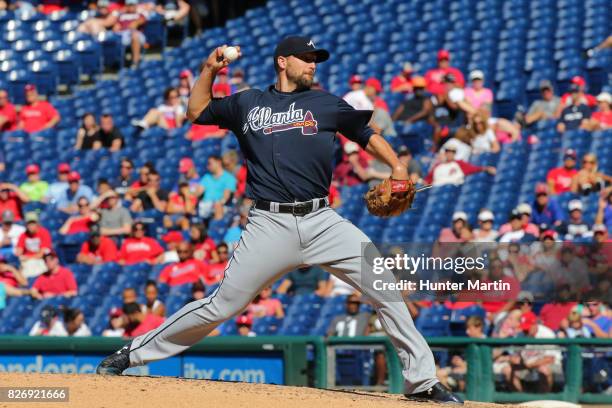 Jim Johnson of the Atlanta Braves throws a pitch in the eighth inning during a game against the Philadelphia Phillies at Citizens Bank Park on July...