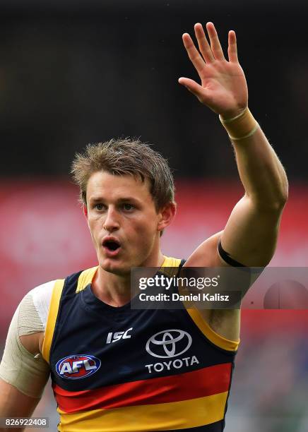 Matt Crouch of the Crows looks on during the round 20 AFL match between the Adelaide Crows and the Port Adelaide Power at Adelaide Oval on August 6,...