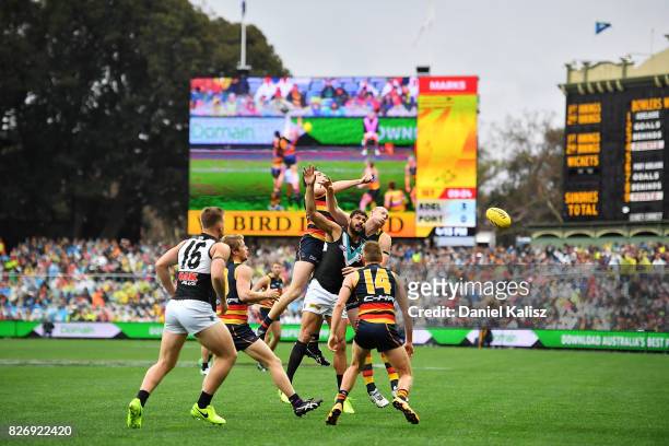 General view of play during the round 20 AFL match between the Adelaide Crows and the Port Adelaide Power at Adelaide Oval on August 6, 2017 in...