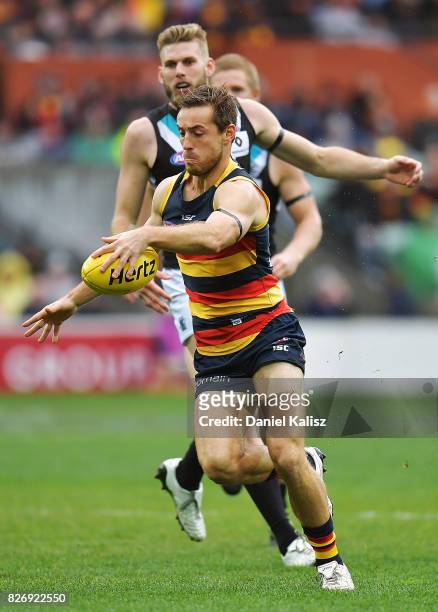 Richard Douglas of the Crows kicks the ball during the round 20 AFL match between the Adelaide Crows and the Port Adelaide Power at Adelaide Oval on...