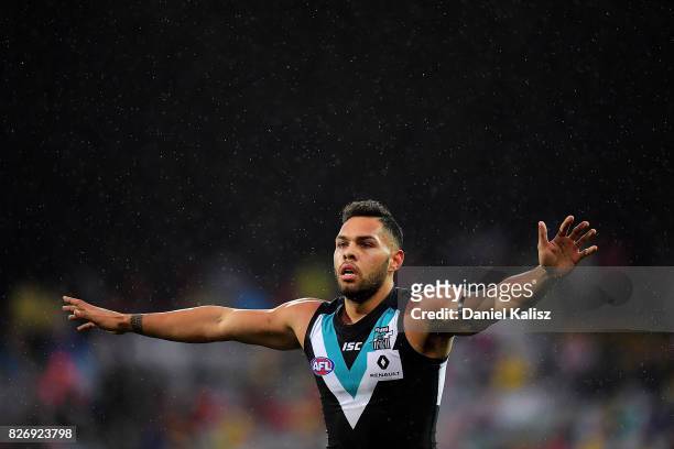Jarman Impey of the Power looks on during the round 20 AFL match between the Adelaide Crows and the Port Adelaide Power at Adelaide Oval on August 6,...