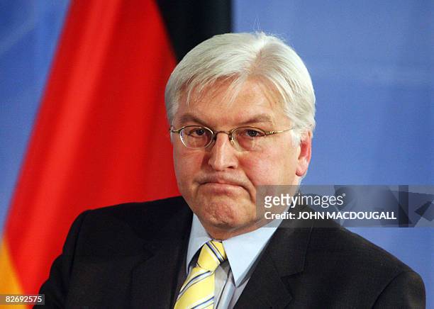 Picture taken on March 7, 2008 shows German Foreign Minister Frank-Walter Steinmeier answering a question on domestic politics following talks with...