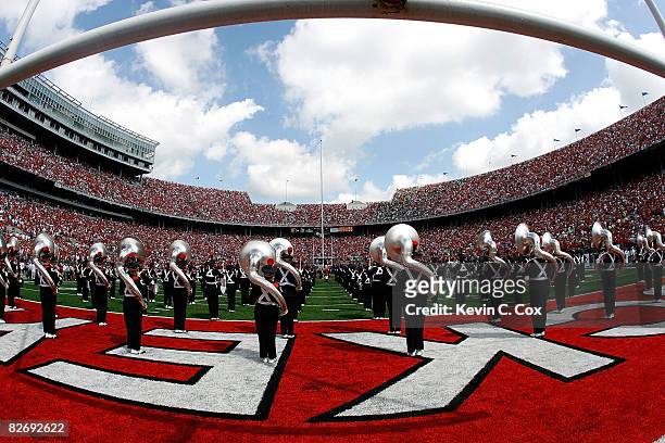 The Ohio State Buckeyes marching band perform before the game against the Ohio Bobcats at Ohio Stadium on September 6, 2008 in Columbus, Ohio.