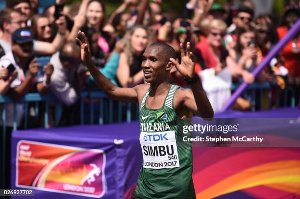 London , United Kingdom - 6 August 2017; Alphonce Simbu of Tanzania celebrates finishing third in the Men's Marathon event during day three of the...