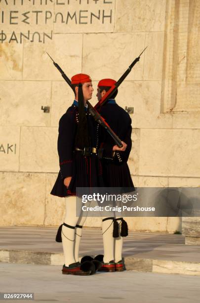 evzones (parliament house guards) standing at attention before the tomb of the unknown soldier in syntagma square. - piazza syntagma stockfoto's en -beelden