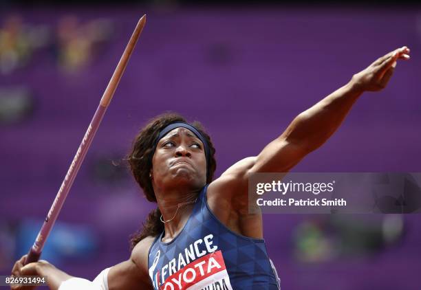 Antoinette Nana Djimou Ida of France competes in the Women's Heptathlon Javelin during day three of the 16th IAAF World Athletics Championships...