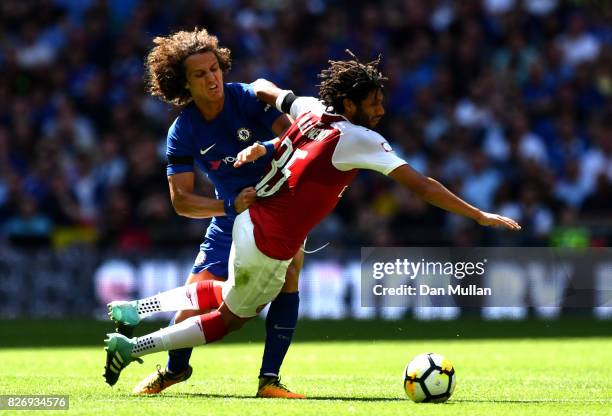 David Luiz of Chelsea and Mohamed Elneny of Arsenal battle for possession during the The FA Community Shield final between Chelsea and Arsenal at...