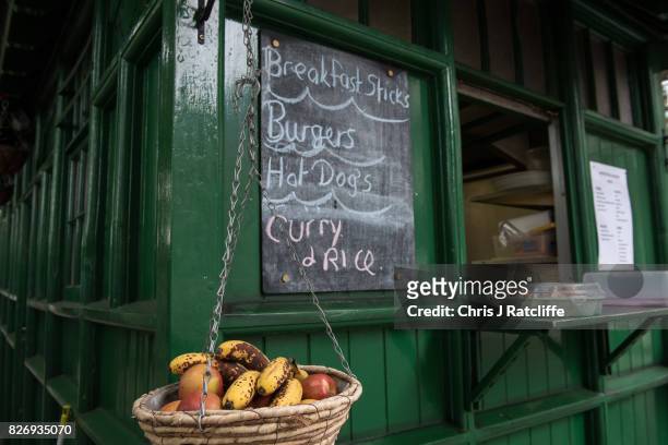 Sign advertising food for sale is seen on the outside of the Grosvenor Gardens Cabmen's Shelter on August 6, 2017 in London, England. The Cabmen's...