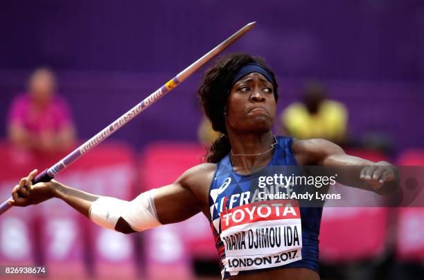 Antoinette Nana Djimou Ida of France competes in the Women's Heptathlon Javelin during day three of the 16th IAAF World Athletics Championships...