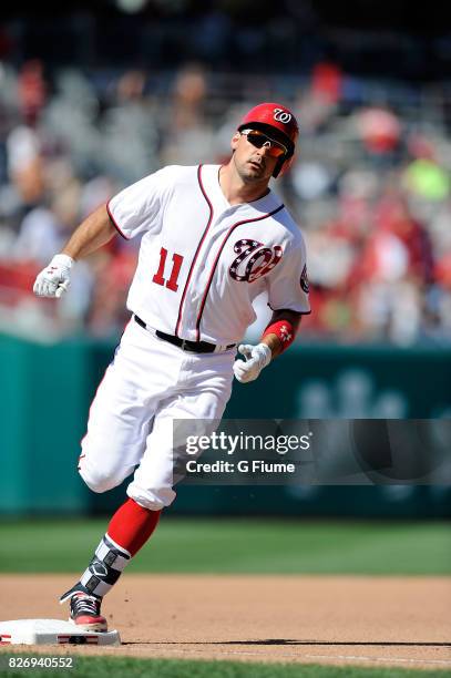 Ryan Zimmerman of the Washington Nationals rounds the bases after hitting a home run against the Colorado Rockies at Nationals Park on July 30, 2017...