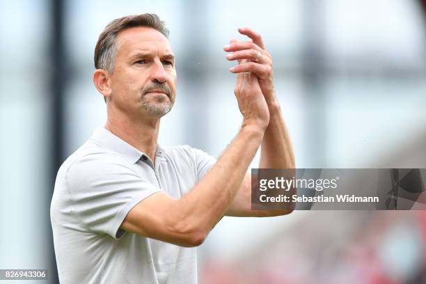 Head coach Achim Beierlorzer of SSV Jahn Regensburg gestures after the Second Bundesliga match between SSV Jahn Regensburg and 1. FC Nuernberg at...