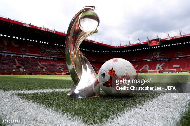 The trophy and the match ball are seen on the pitch prior to the Final of the UEFA Women's Euro 2017 between Netherlands v Denmark at FC Twente...