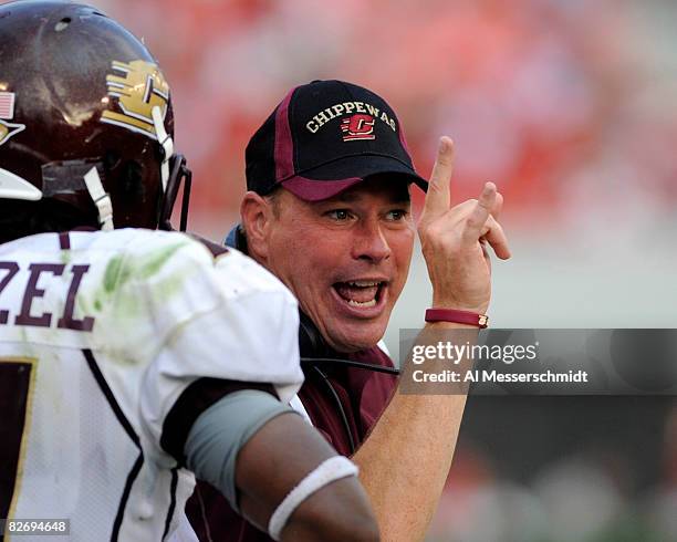 Coach Butch Jones of the Central Michigan Chippewas directs play against the Georgia Bulldogs at Sanford Stadium on September 6, 2008 in Athens,...