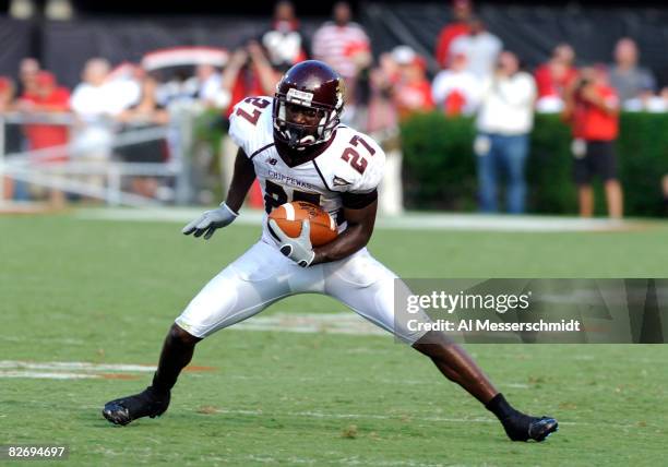 Wide receiver Antonio Brown of the Central Michigan Chippewas rushes upfield with a pass against the Georgia Bulldogs at Sanford Stadium on September...