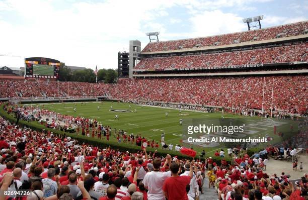 Fans of the Georgia Bulldogs watch play against the Central Michigan Chippewas at Sanford Stadium on September 6, 2008 in Athens, Georgia.