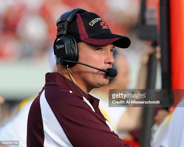 Coach Butch Jones of the Central Michigan Chippewas watches play against the Georgia Bulldogs at Sanford Stadium on September 6, 2008 in Athens,...