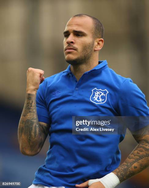 Sandro Ramirez of Everton celebrates after scoring the opening goal during a pre-season friendly match between Everton and Sevilla at Goodison Park...