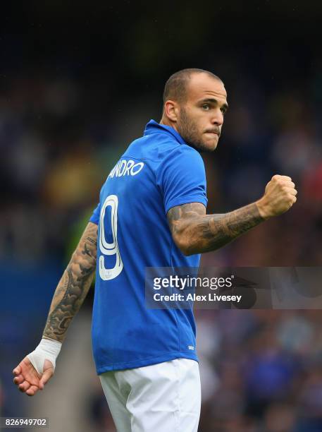 Sandro Ramirez of Everton celebrates after scoring the opening goal during a pre-season friendly match between Everton and Sevilla at Goodison Park...