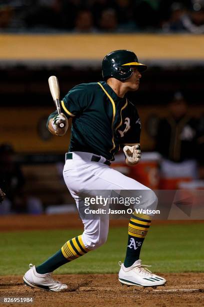 Jaycob Brugman of the Oakland Athletics at bat against the Tampa Bay Rays during the eighth inning at the Oakland Coliseum on July 17, 2017 in...