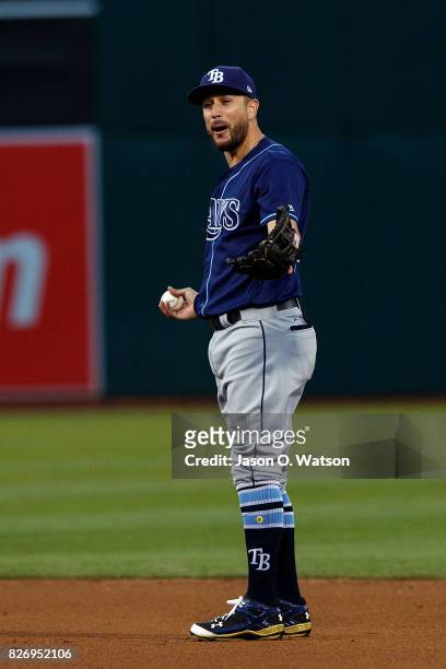 Trevor Plouffe of the Tampa Bay Rays stands on the field during the fourth inning against the Oakland Athletics at the Oakland Coliseum on July 17,...