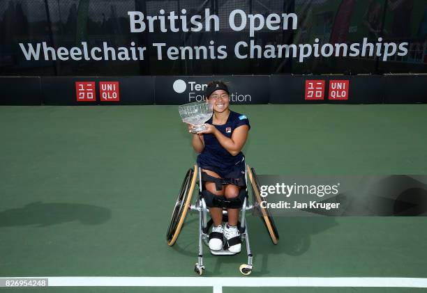 Yui Kamiji of Japan poses with the women's singles trophy during the British Open Wheelchair Tennis at The Nottingham Tennis Centre on August 6, 2017...
