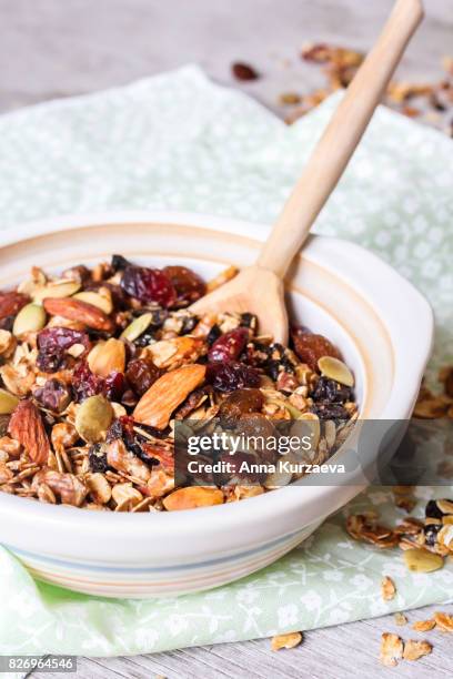 homemade granola or muesli with toasted almonds, raisin, cranberry in a bowl for healthy breakfast, selective focus - gedroogd fruit stockfoto's en -beelden