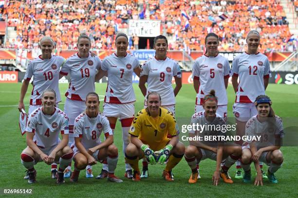 Denmark's team players midfielder Maja Kildemoes, defender Theresa Nielsen, goalkeeper Stina Lykke Petersen, midfielder Katrine Veje and midfielder...