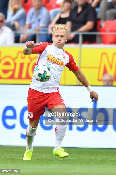 Alexander Nandzik of SSV Jahn Regensburg plays the ball during the Second Bundesliga match between SSV Jahn Regensburg and 1. FC Nuernberg at...