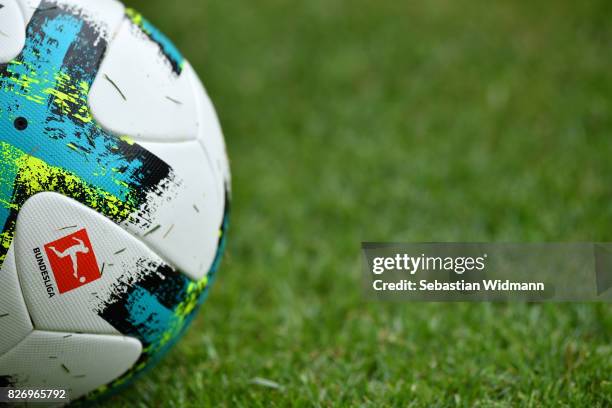 Ball with the Bundesliga logo lies on the pitch during the Second Bundesliga match between SSV Jahn Regensburg and 1. FC Nuernberg at Continental...