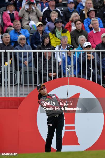 Mi Hyang Lee of Korea plays her tee shot at the 1st hole during the final day of the Ricoh Women's British Open at Kingsbarns Golf Links on August 6,...
