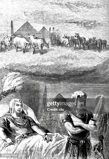 dream of the pharao lying in bed of his land and cows - pharao stock illustrations