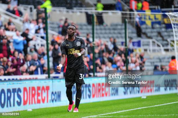 Christian Atsu of Newcastle United celebrates after scoring the second goal during the Pre Season Friendly match between Newcastle United and Hellas...