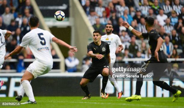 Aleksandar Mitrovic of Newcastle United looks to head the ball during the Pre Season Friendly match between Newcastle United and Hellas Verona at...