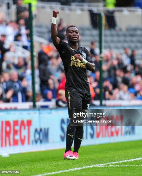 Christian Atsu of Newcastle United celebrates after scoring the second goal during the Pre Season Friendly match between Newcastle United and Hellas...