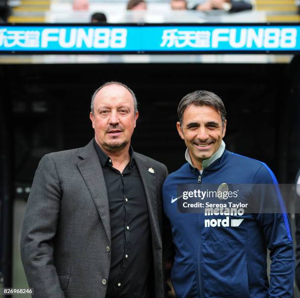 Head Coach Fabio Pecchia and Newcastle Unitedâs Manager Rafael Benitez during the Pre Season Friendly match between Newcastle United and Hellas...