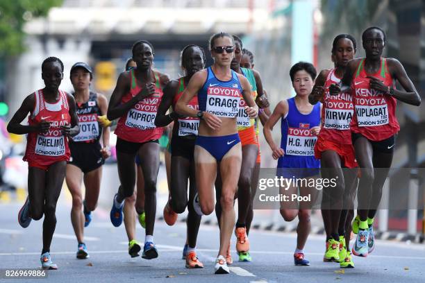 Bahrain's Rose Chelimo, Kenya's Helah Jelagat Kiprop, US athlete Amy Cragg and Kenya's Edna Ngeringwony Kiplagat compete in the Women's Marathon...