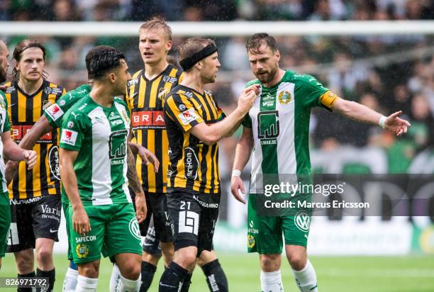 Teamcaptain Rasmus Lindgren of BK Hacken gets upset when Arnór Smárason of Hammarby IF scores the equlizing goal to 1-1 during the Allsvenskan match...