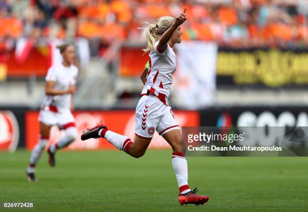 Pernille Harder of Denmark celebrates scoring her sides second goal during the Final of the UEFA Women's Euro 2017 between Netherlands v Denmark at...