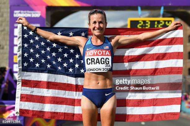 Amy Cragg of the United States celebrates after placing third in the Women's Marathon during day three of the 16th IAAF World Athletics Championships...